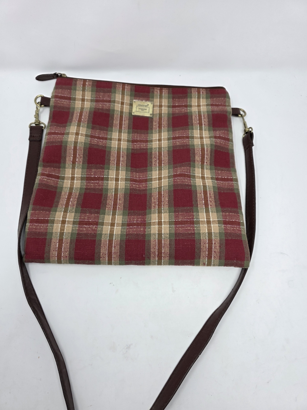 Longaberger Plaid Crossbody Bag Red Green Tan Tartan Zip Top Purse